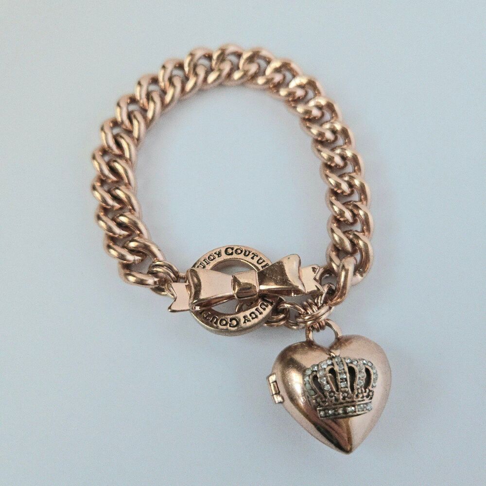 2013 Vintage Juicy Couture Rose Gold Heart Locket Bracelet Bow Toggle Closure